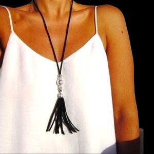 Leather fringe tassel necklace on black rope chain!
